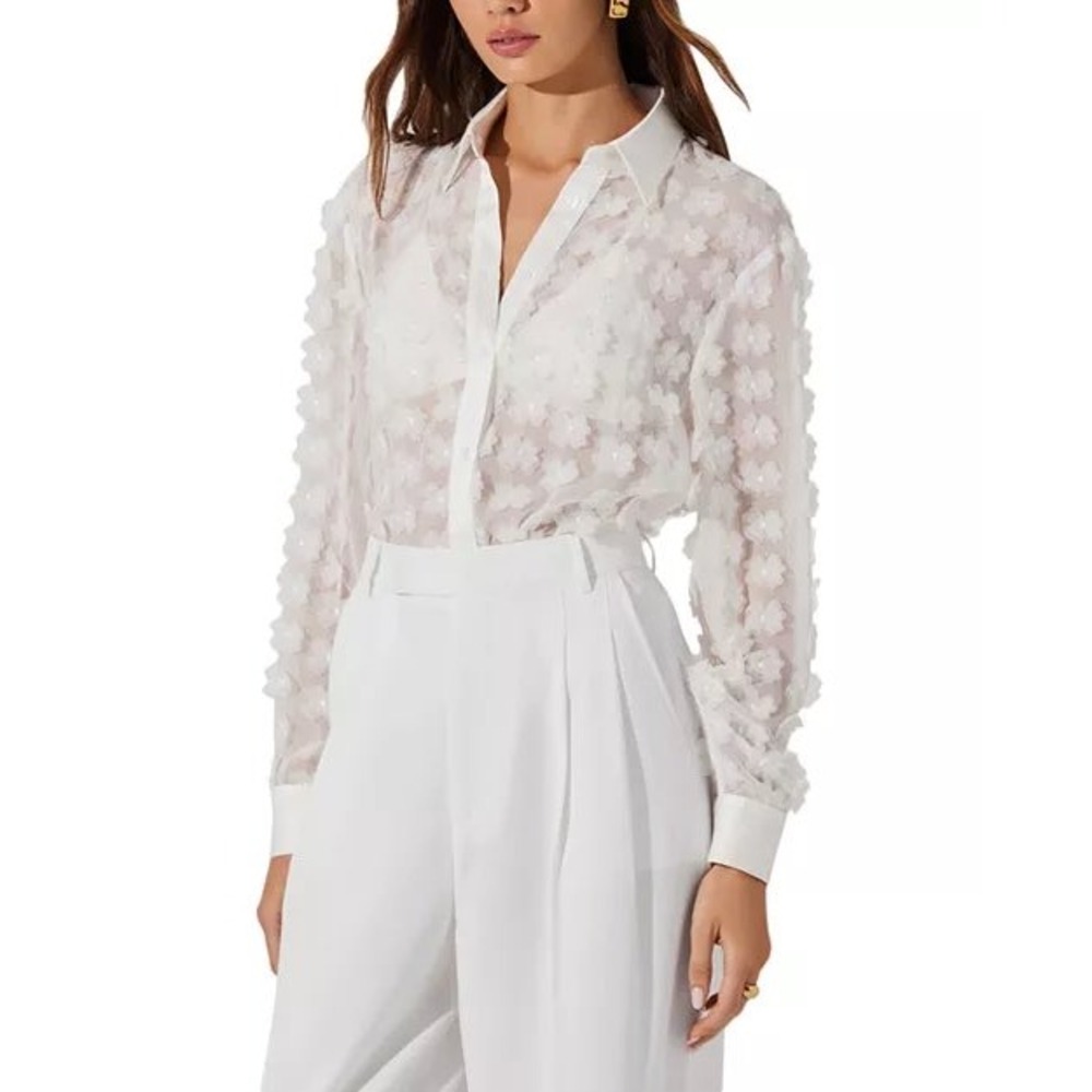 ASTR Blouse Shirt Top Ioannis Applique 3D Floral Sheer Button Down White L‎